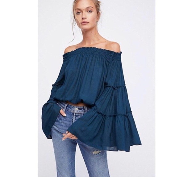 Free People Navy Blue Free Spirit Off Shoulder Bell Sleeve Boho Oversized Crop - Picture 1 of 11